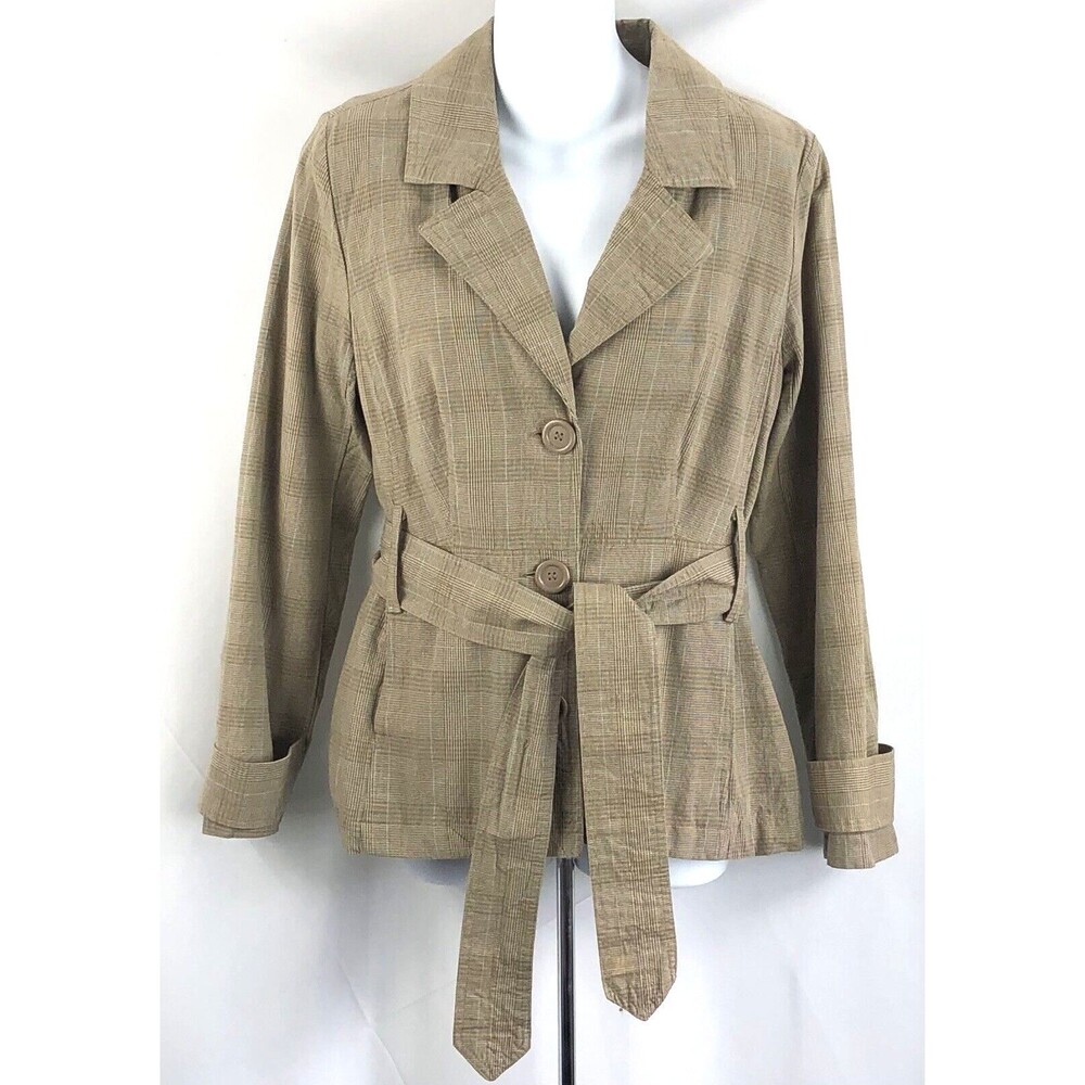 Blazer Jacket M Tan Plaid Tartan & Belted Pockets Short Trench Academia 90's Y2K